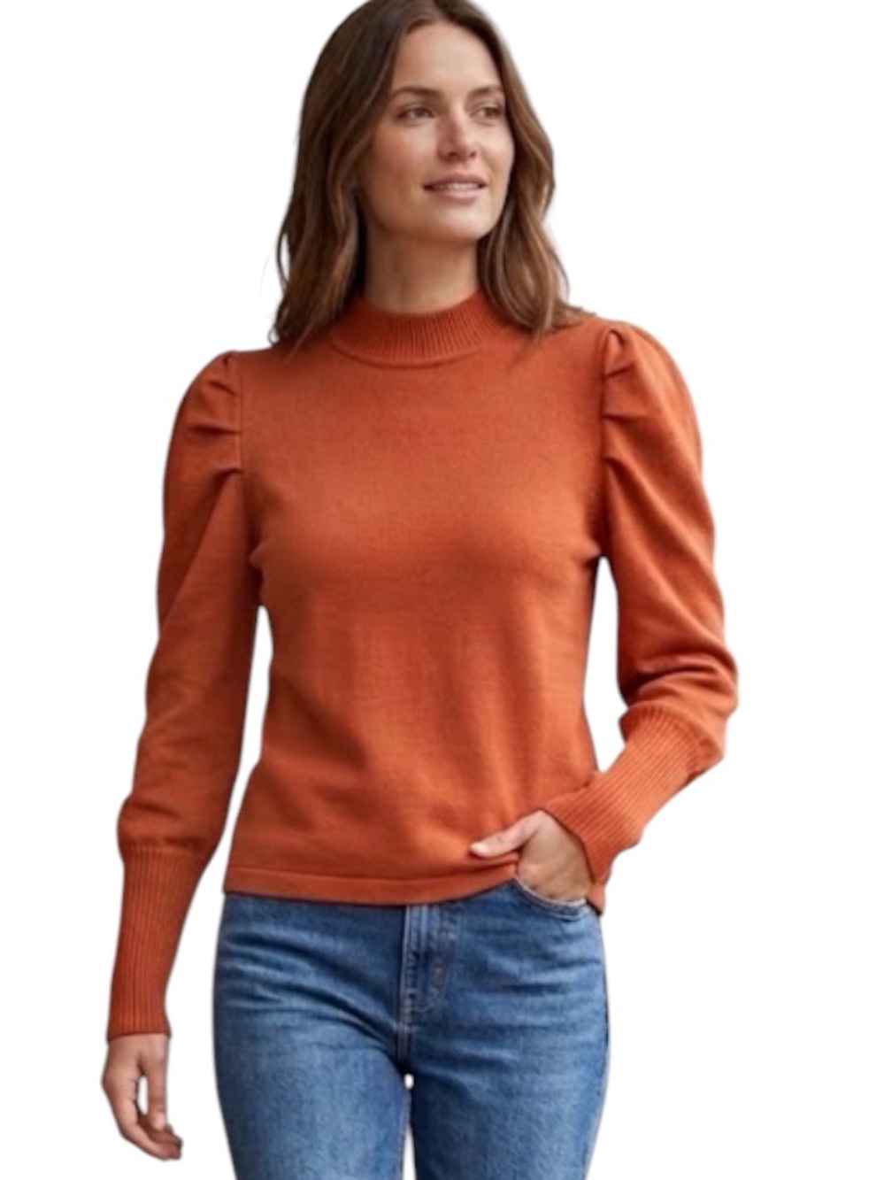 THML Women's Puff-Sleeve Mock Neck Sweater Rust Orange Size Medium
